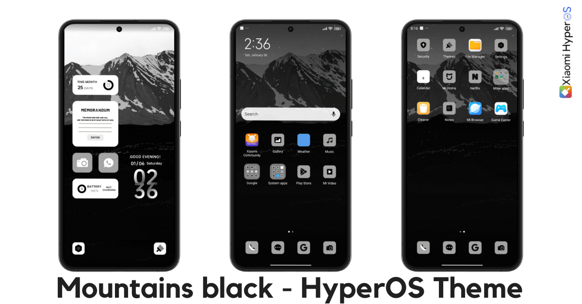 Mountains Black HyperOS Theme for Xiaomi with Dark Mode Mountains Black HyperOS Theme for Xiaomi with Dark Mode